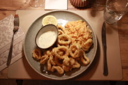 Calamari fritti in dem italienischen Restaurant / Osteria / Wein / Bar Da Dario in Pocking in der Nähe von Bad Füssing im Bäderdreieck in Bayern / Niederbayern von dem ehemaligen Besitzer des La Locanda im früheren Wasserwerk beim Hallenbad